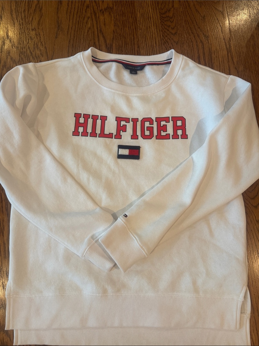 Tommy Hilfiger White Sweatshirt with Red Lettering and Navy Accent  NWOT